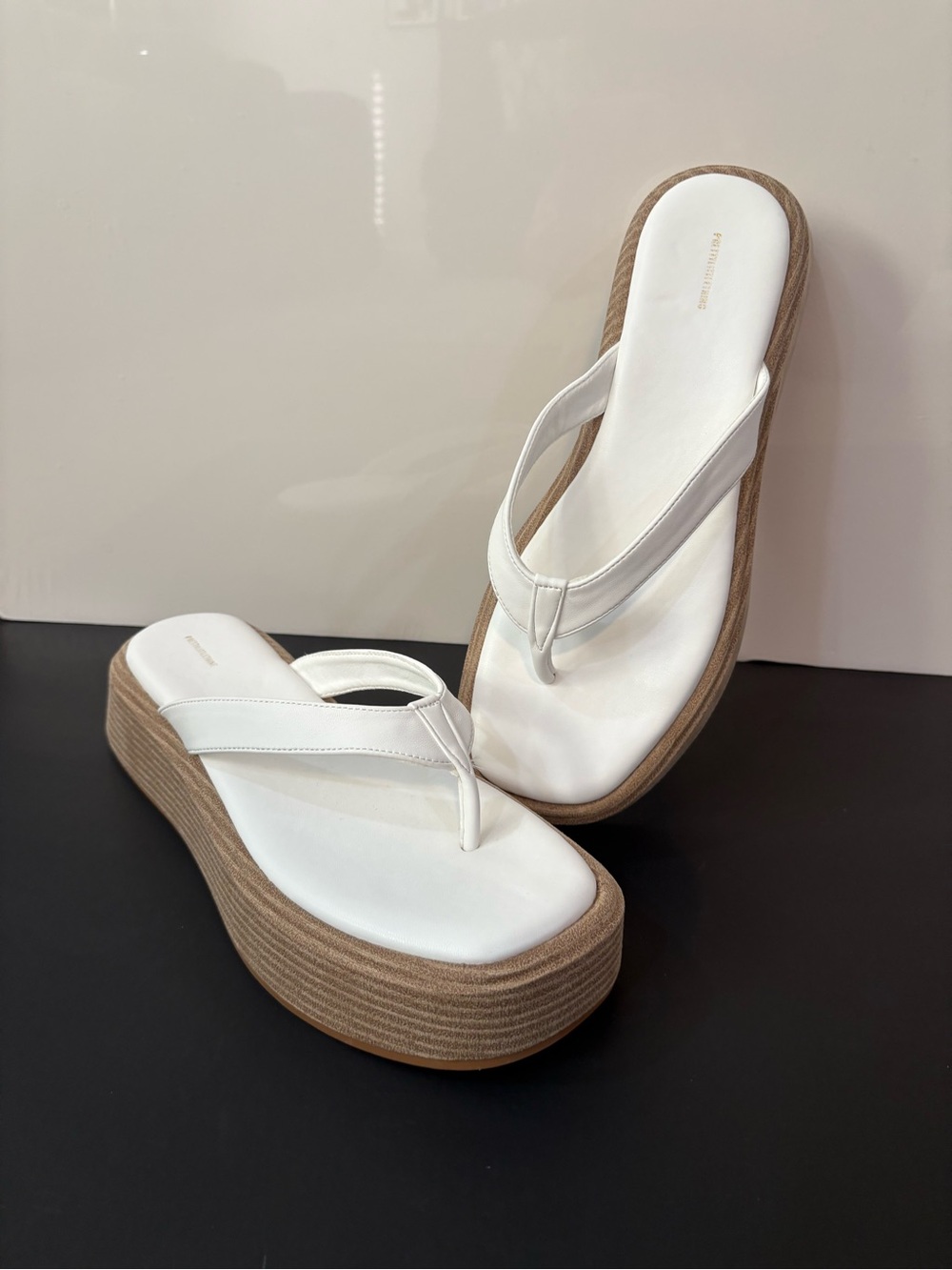 PrettyLittleThing White Platform Flip-Flop Sandals with Tan Sole